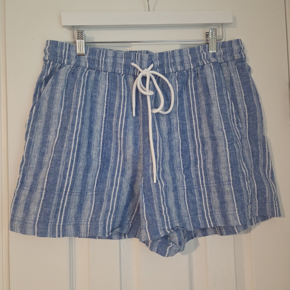 Lou & Grey Linen Cotton Blend Striped Shorts L Blue White Drawstring Chino